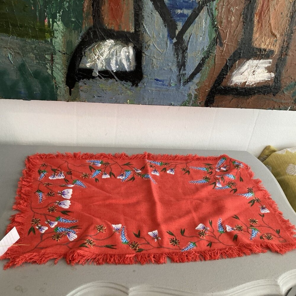 VTG Table Runner Dresser Scarf Boho Botanical Fabric Art Floral Fringed Edges